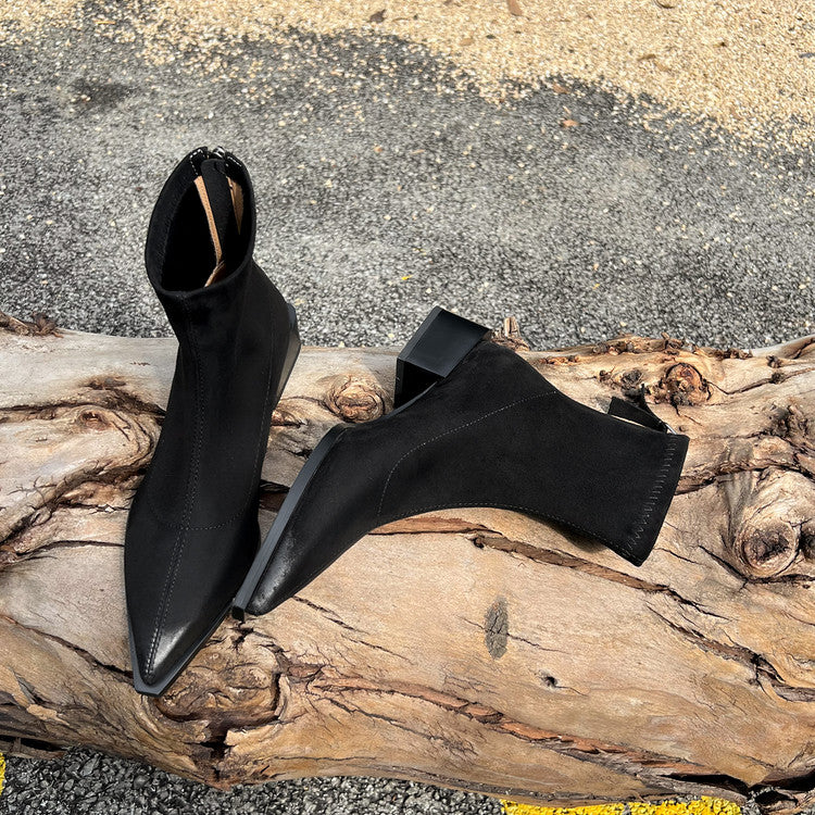 Karin Luna In Stock In Stock Elastic Slim Pointed Toe Chunky Heel Basic Ankle Boots