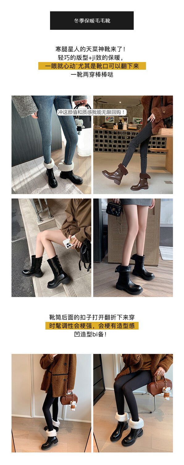 Karin Luna Classic Basic Style   Convertible Foldable Hidden Buckle Snow Fur Shoes Full cowhide Basic Flat Short Boots