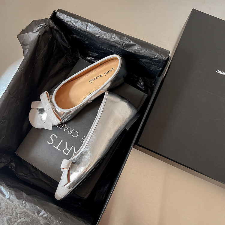 Karin Luna In Stock Spot Goods    Color Block Sweet Bowknot Hidden Wedge Shallow Mouth Flats