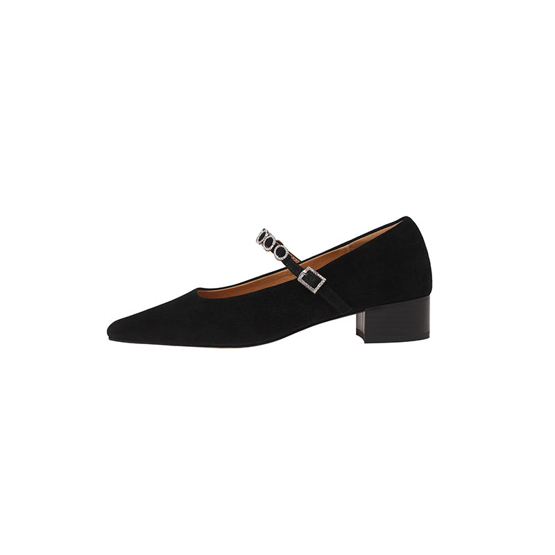Karin Luna In Stock Spot Goods  Vintage Full Leather Square Toe Rhinestone Strap Shallow Mouth Single Shoes