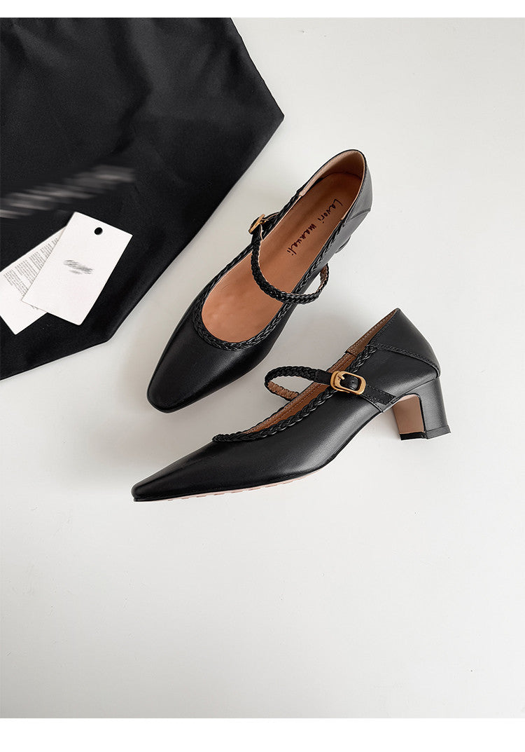 Karin Luna Braided Element Design Chunky Heel Square Toe Single Strap Shoes