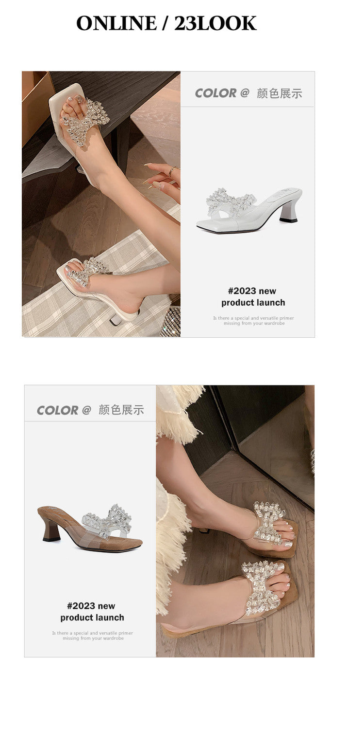 Karin Luna In Stock In Stock Transparent Bow Square Toe Suede Open Toe Sandals
