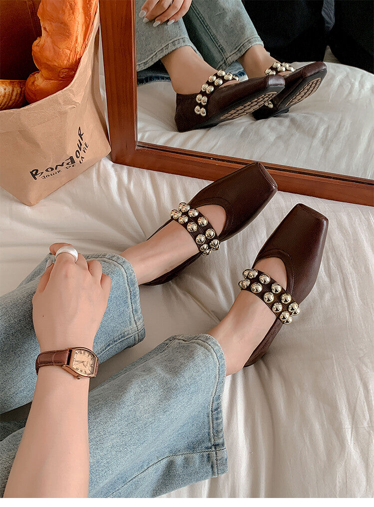 Karin Luna In Stock Spot Goods  Pig Nose Metal Strap Super Soft Granny Full Leather Mary Jane Shoes