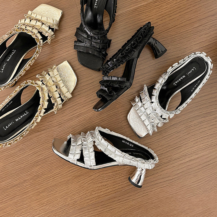 Karin Luna In Stock  Spot Goods  Unique Square-Toe Pleated Lace Sandals