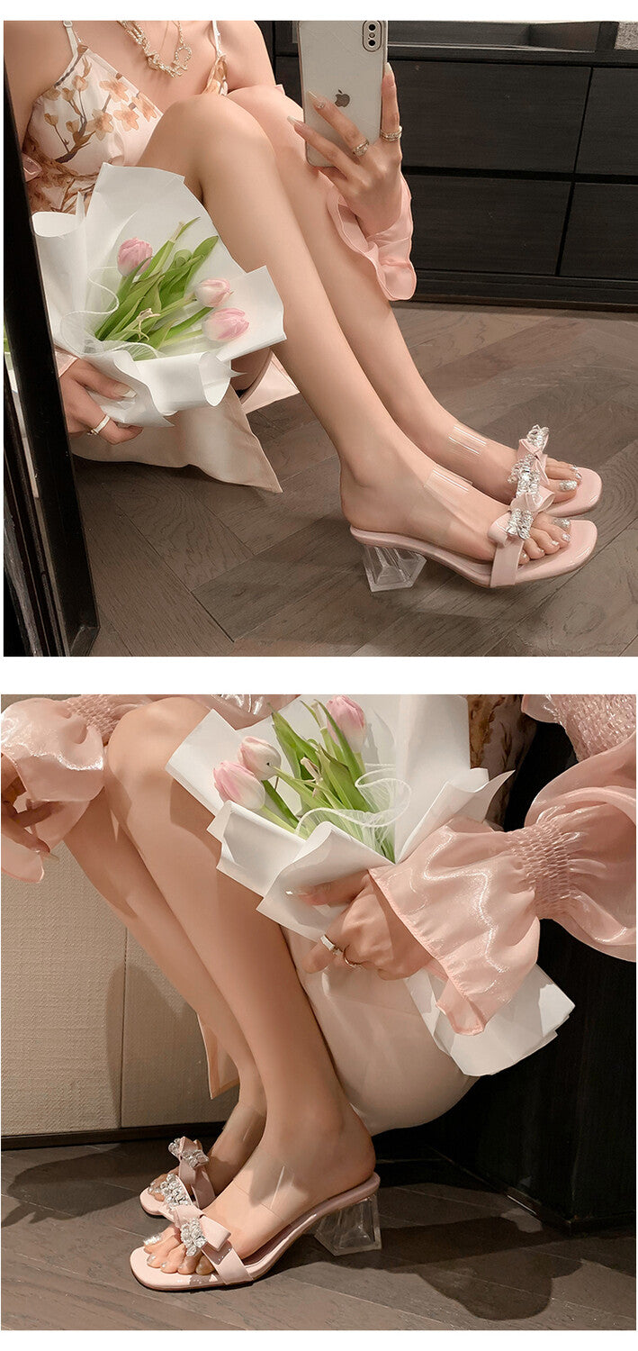 Karin Luna In Stock Summer New It's clearly a model with high traffic Rhinestone Flower Bow Crystal Heel Slippers
