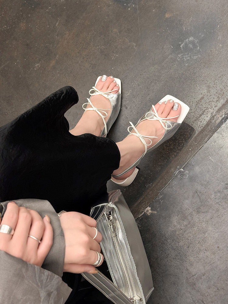 Karin Luna In Stock Spot Goods Square Toe Double Bow Thick Heel Sandals