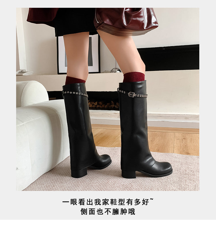 Karin Luna In Stock Spot Goods Belt Buckle Color-Washed Casual Thick-Soled Bootcut Pants Boots