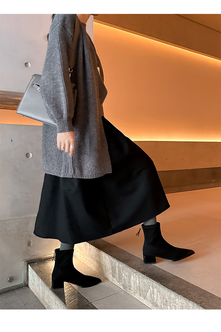 Karin Luna In Stock In Stock Elastic Slim Pointed Toe Chunky Heel Basic Ankle Boots