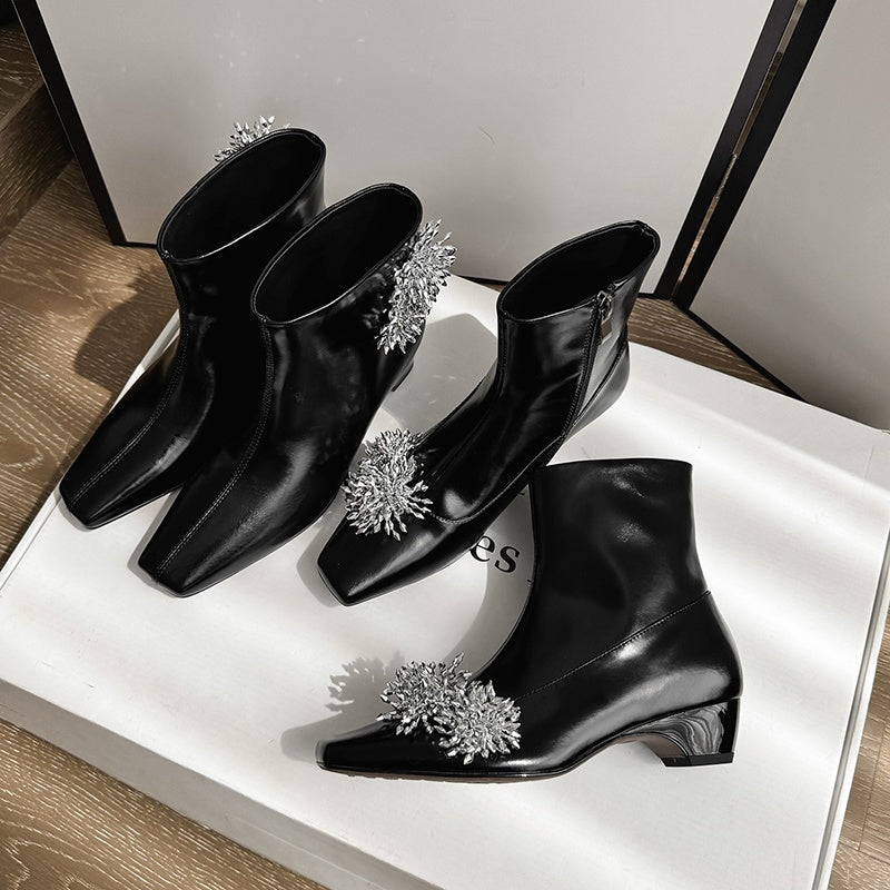 Karin Luna Elegant Style Square Toe Flower Design Height Increasing Short Boots with Two Front and Back Options