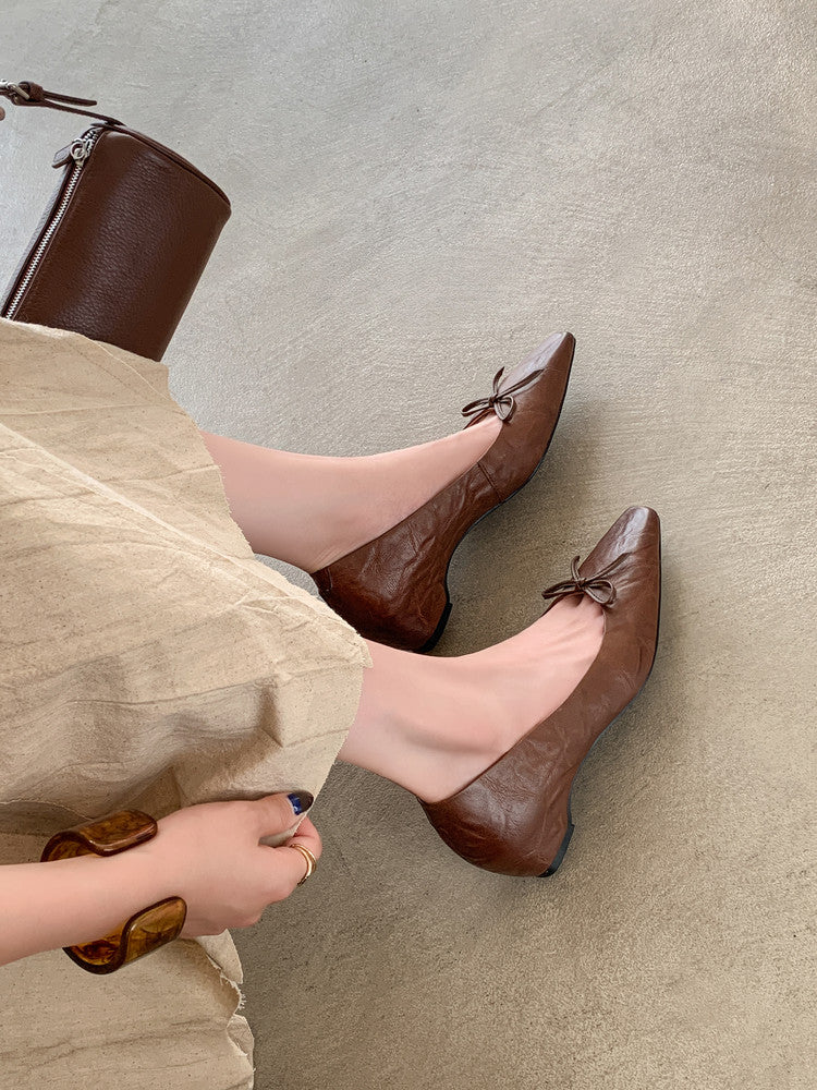 Karin Luna Full Layer Inside and Out~Basic Versatile Small Square Toe Butterfly Knot Irregular Heel Single Shoes