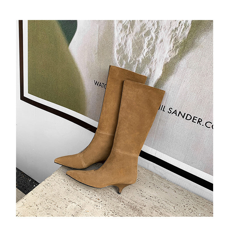 Karin Luna In Stock Spot Goods Retro Cowhide Pointed Toe Stiletto Elegant Long Boots
