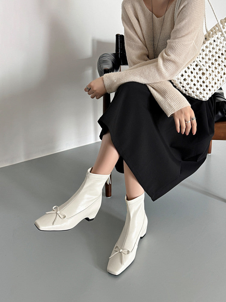 Karin Luna French Style Square Toe Bowknot Hidden Wedge Slim Boots