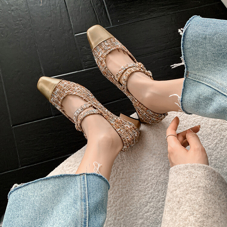 Karin Luna Classic Chanel Style~ Tweed Spring Limit Square Toe Chunky Heel Mary Jane Strap Single Shoes