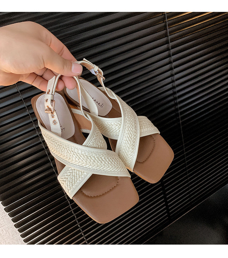 Karin Luna In Stock  Spot Goods Woven Style  Cross-strap Vacation Style Flat Sandals