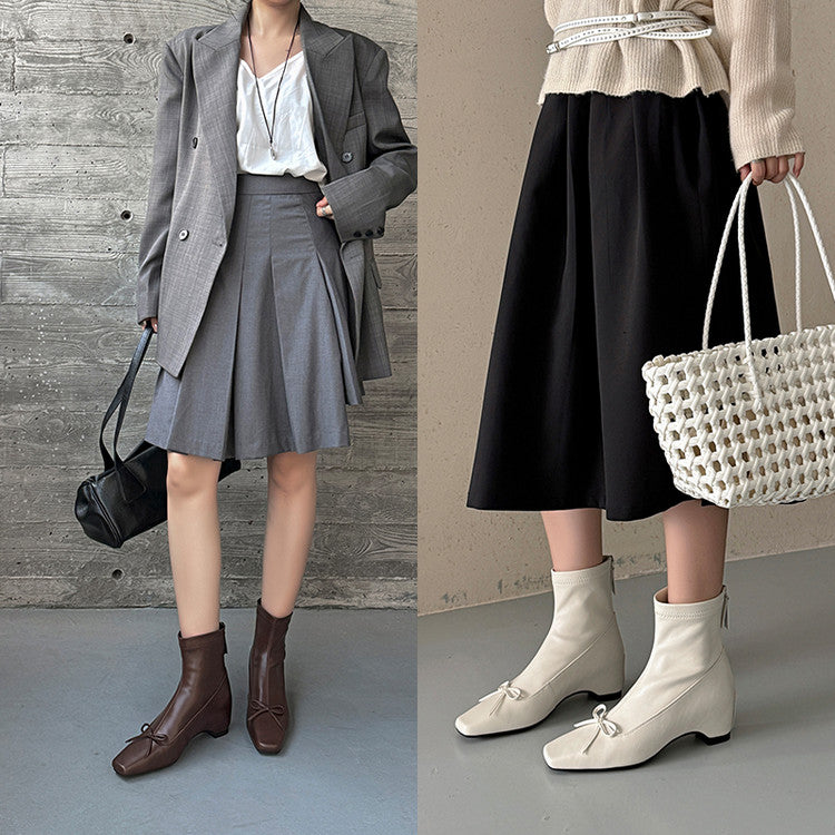 Karin Luna French Style Square Toe Bowknot Hidden Wedge Slim Boots