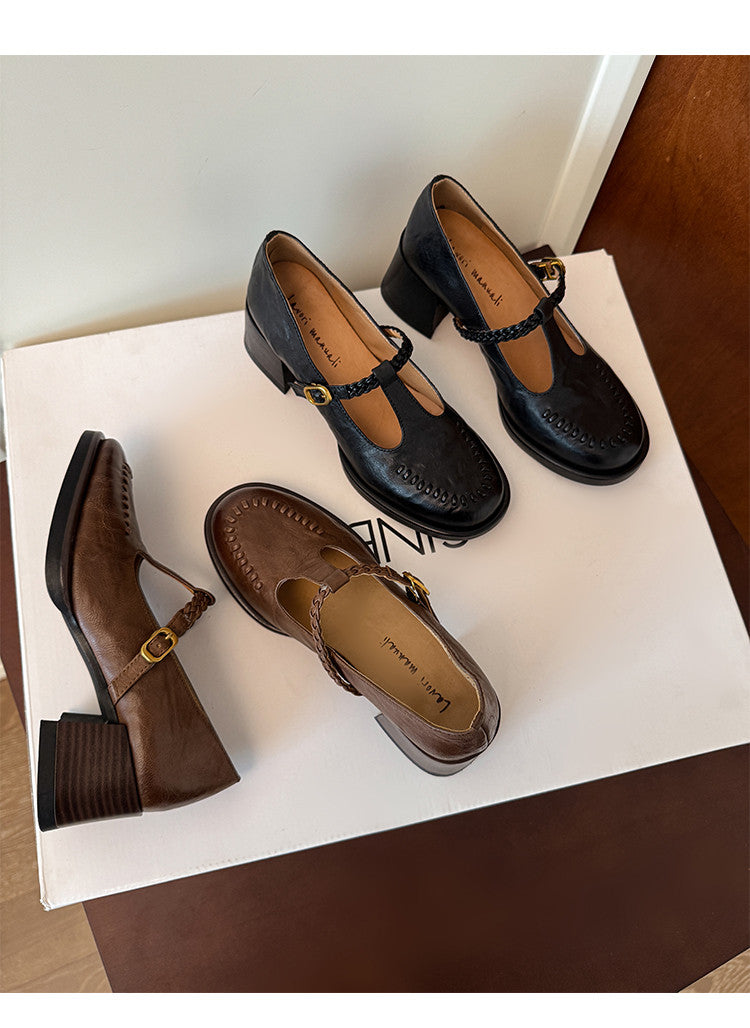 Karin Luna In Stock Spot Goods Vintage Braided Twist High Heels T Round Toe Thick Sole Single Shoes