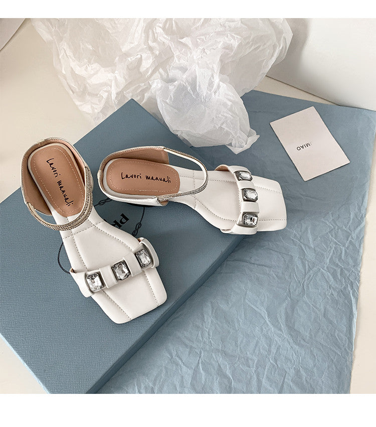 Karin Luna Bestseller Popular Rhinestone Ribbon Square Toe Slippers