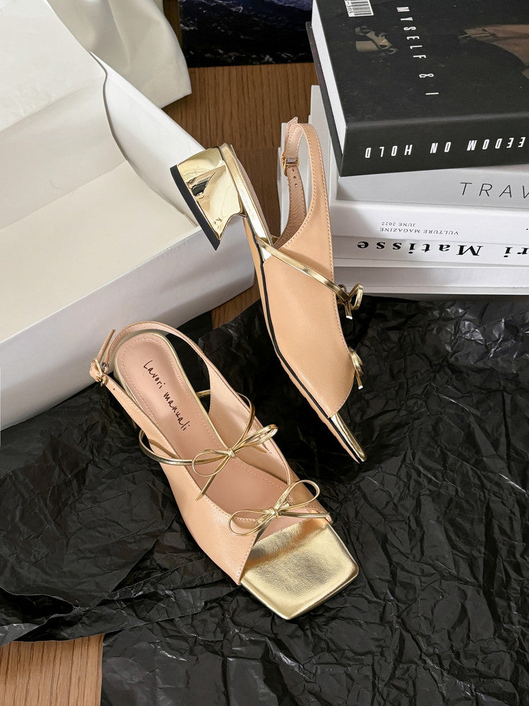 Karin Luna In Stock Spot Goods Square Toe Double Bow Thick Heel Sandals