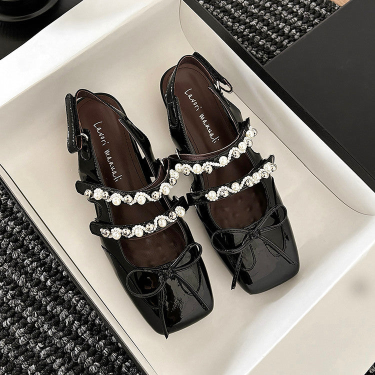 Karin Luna In Stock In Stock  Square Toe Bowknot Pearl Strap Closed-Toe Sandals
