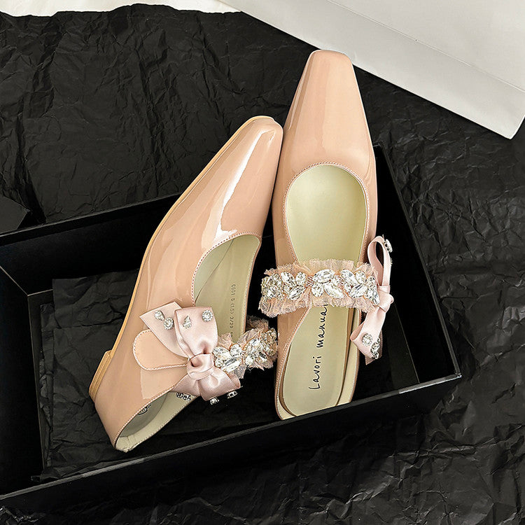 Karin Luna Handmade One-Strap Rhinestone Ribbon Square-Toe Mules