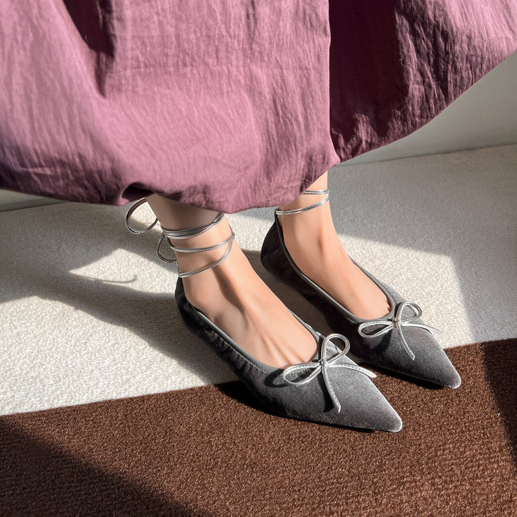 Karin Luna In Stock In Stock Retro Velvet Pointed Toe Bowknot Single Shoes