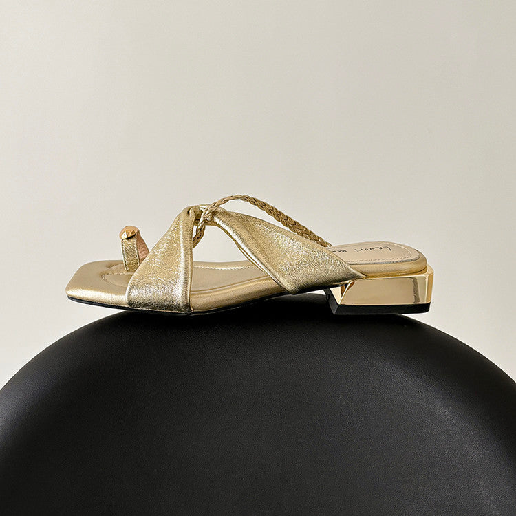 Karin Luna  Square Toe Braided Cross Thick Heel Flat Slippers
