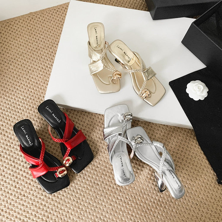 Karin Luna Braided Style ~Cross Strap Square Toe Irregular Heel Slippers