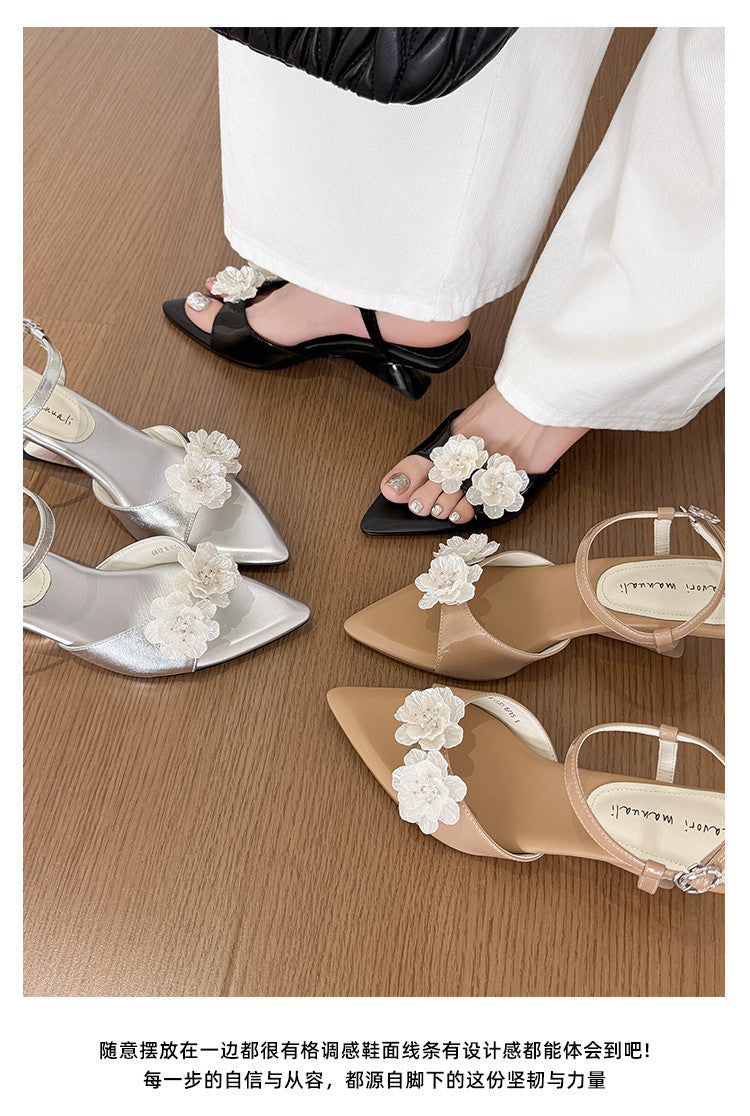 Karin Luna In Stock Spot Goods  Classic Camellia Pointed Toe Elegant Irregular Heel Sandals