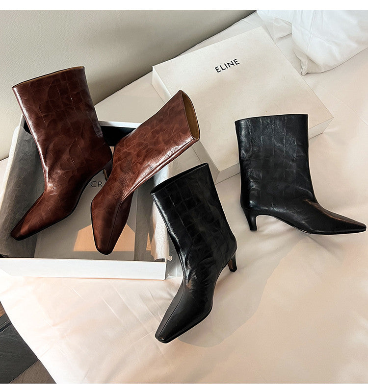 Karin Luna In Stock Spot Goods Top Layer Stone Pattern Cowhide Textured Small Square Toe Straight Short Boots