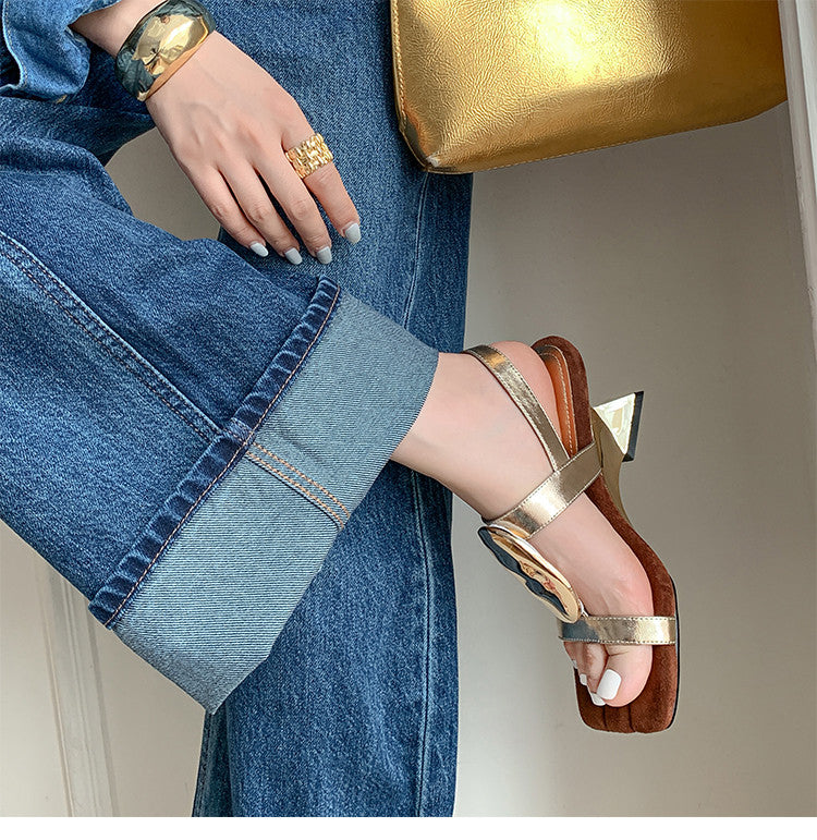 Karin Luna In Stock In Stock  Square Toe Suede Metal Heel Elegant Sandals