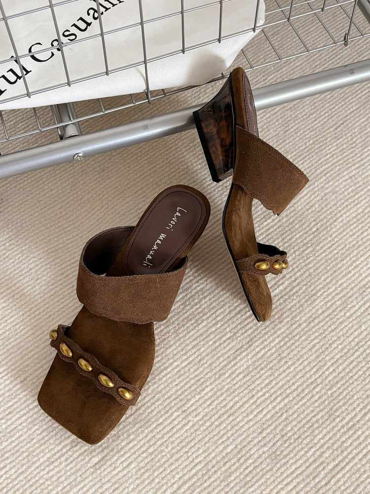 Karin Luna Hot-Selling Element Amber Heel~Spot Goods Spot Goods  Vacation Style One-Strap Amber Irregular Heel Slippers