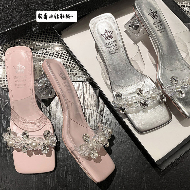 Karin Luna In Stock Spot Goods  Always in stock Square Toe Sweet Rhinestone Crystal Heel Slippers