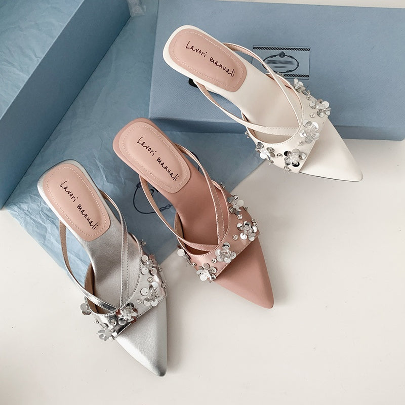 Karin Luna Bestseller Sequin Elements Elegant Pointed Toe Irregular Heel Slippers