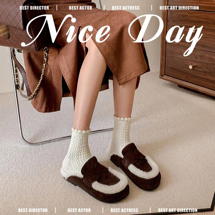 Karin Luna In Stock Look~This is such thick lamb wool Winter Atmosphere！Cowhide Leather Lamb Wool Round Toe Flat Sole Half Support！
