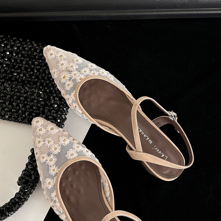 Karin Luna In Stock Spot Goods Embroidered Daisy Sheepskin Mesh Elegant Closed-Toe Slippers