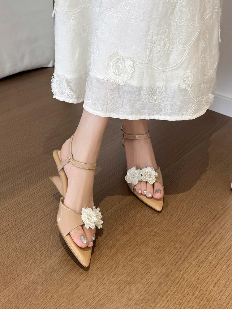 Karin Luna In Stock Spot Goods  Classic Camellia Pointed Toe Elegant Irregular Heel Sandals