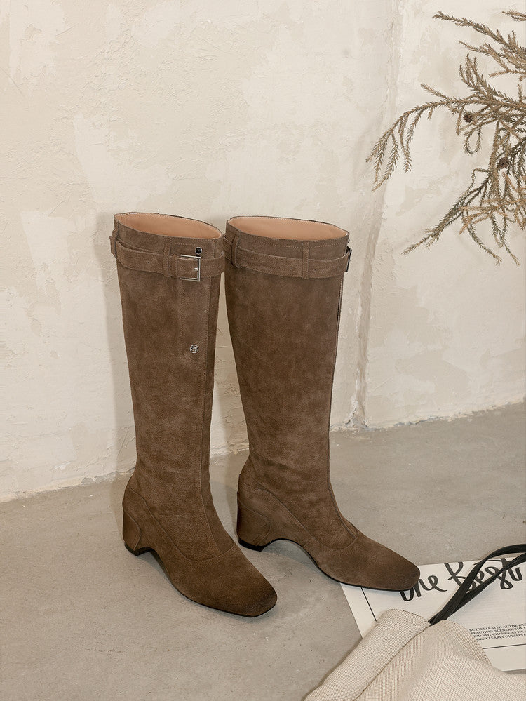 Karin Luna Belt Buckle Elegant Chunky Heel Suede Western Boots