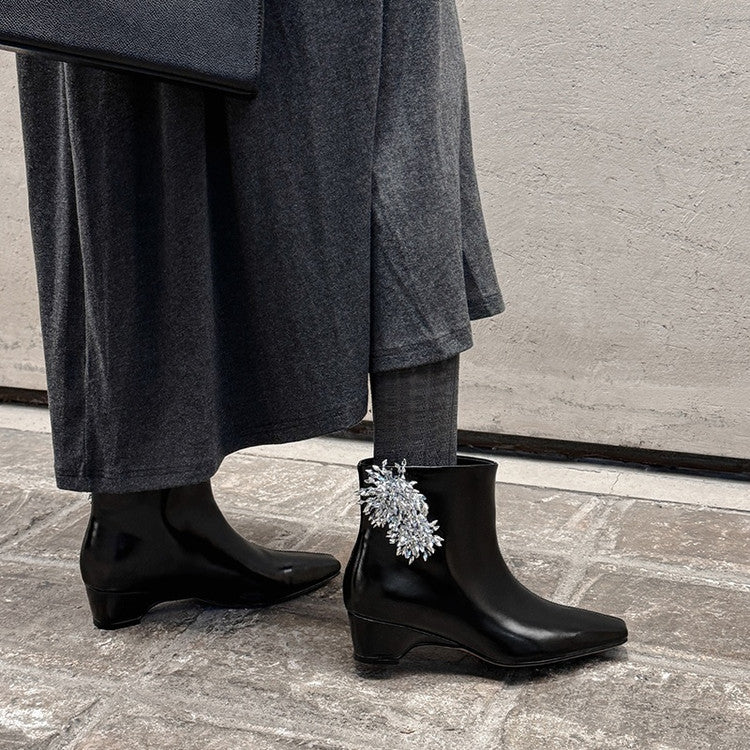Karin Luna Elegant Style Square Toe Flower Design Height Increasing Short Boots with Two Front and Back Options