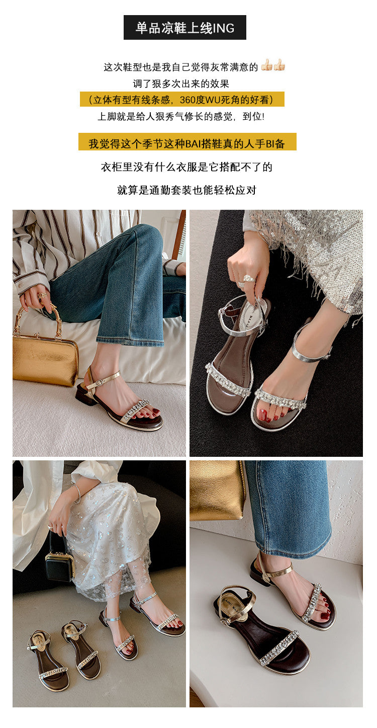 Karin Luna In Stock In Stock  Rhinestone Strap Round Toe Chunky Heel Sandals