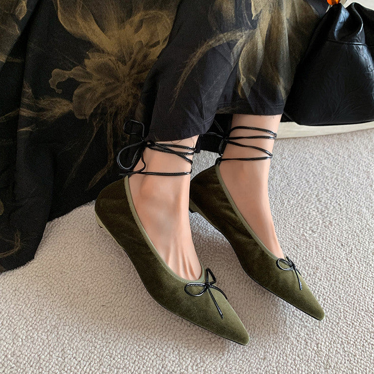 Karin Luna In Stock In Stock Retro Velvet Pointed Toe Bowknot Single Shoes