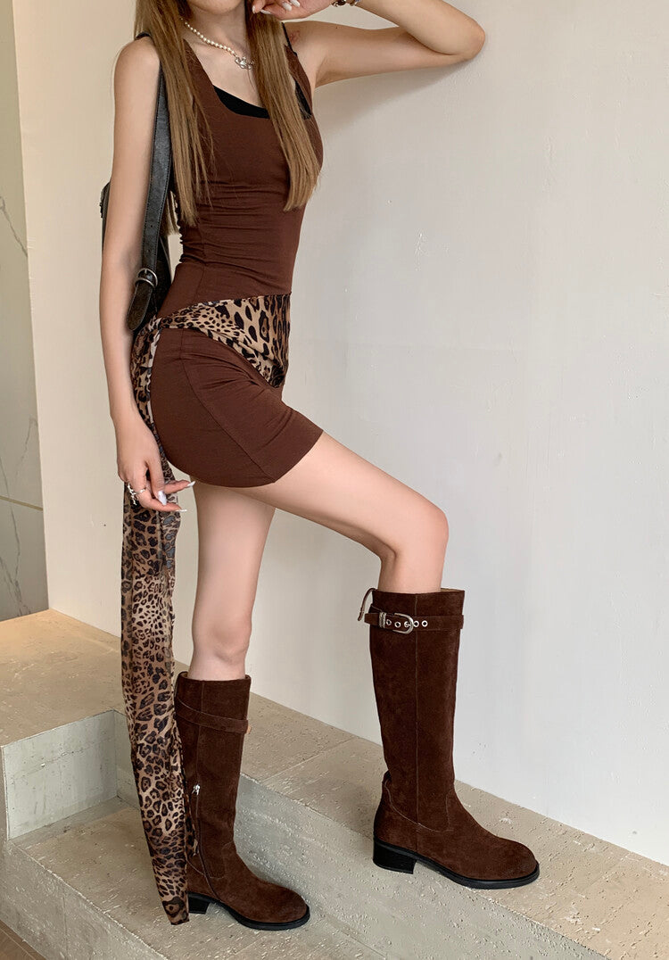 Karin Luna Chunky Heels Round Head Belt Buckle  Fashionable Suede Boots
