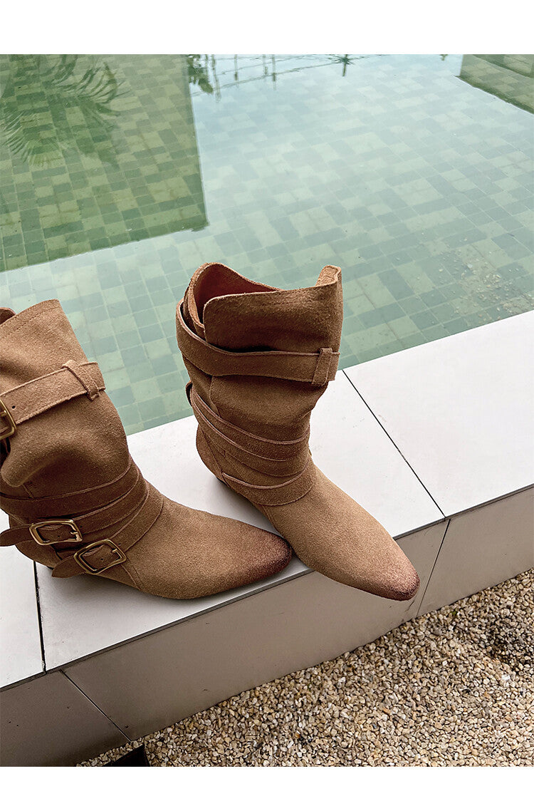 Karin Luna Cow Leather Small Square Toe Belt Buckle Fashion Boots