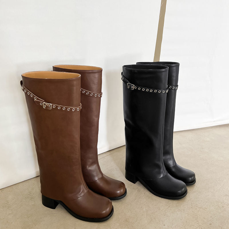 Karin Luna In Stock Spot Goods Belt Buckle Color-Washed Casual Thick-Soled Bootcut Pants Boots