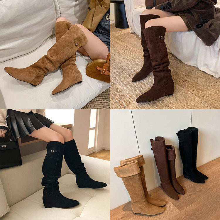 Karin Luna In Stock Spot Goods Vintage Cowhide Leather Two-Way Wear Pointed Toe Height-Increasing Long Boots