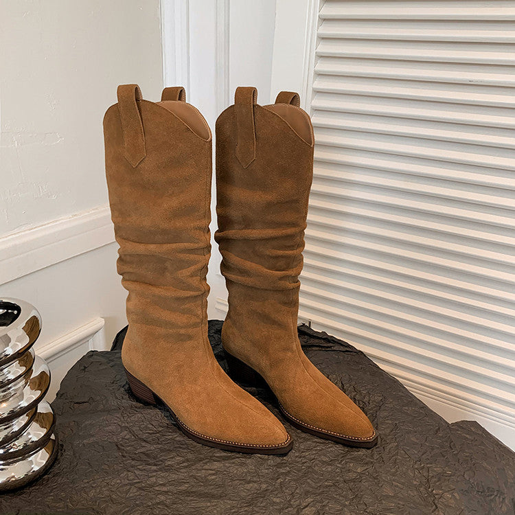 Karin Luna Elegant Style  Pointed Toe Wrinkled Wide Western Boots