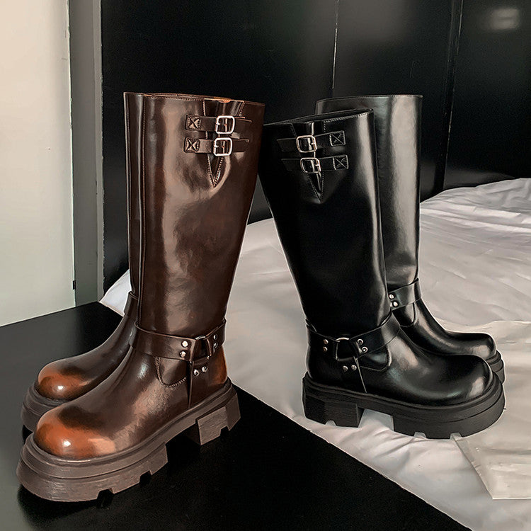 Karin Luna In Stock In Stock  Classic Casual Style Belt Buckle Thick Sole Round Toe Knight Boots Thick Sole