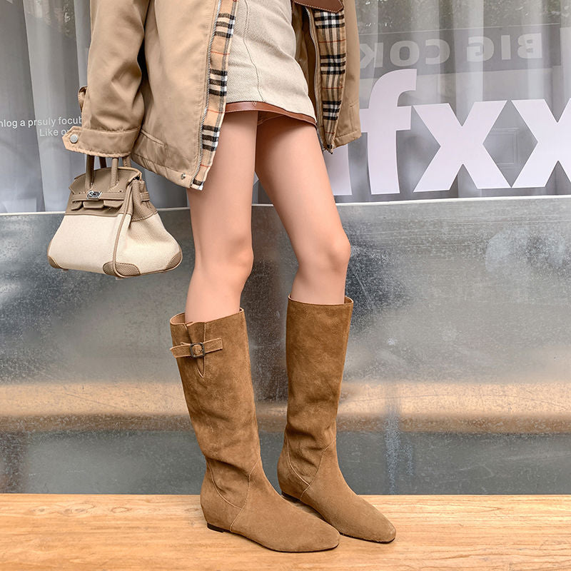 Karin Luna In Stock Spot Goods Vintage Cowhide Leather Chunky Heel Height Increasing Long Boots