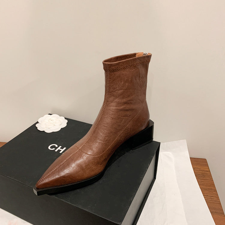 Karin Luna Elegant Style Pointed Toe Chunky Heel Short Boots
