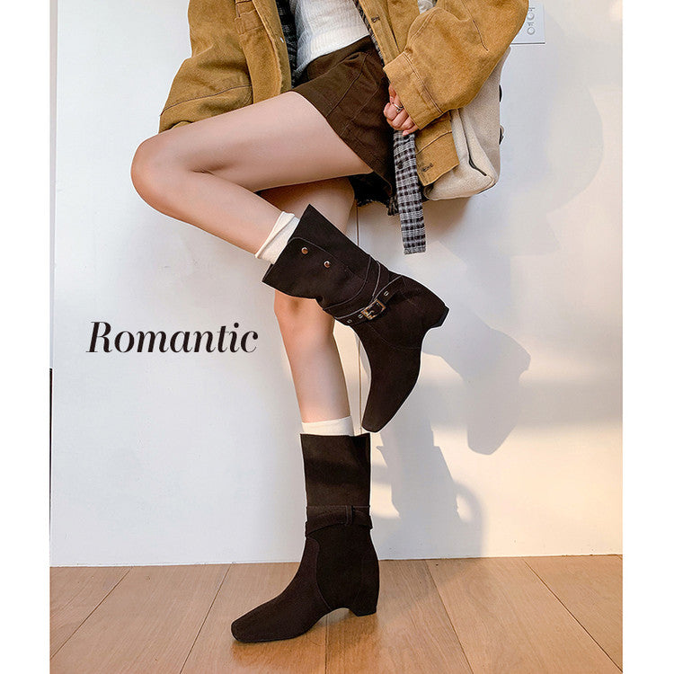 Karin Luna Foldable Belt Buckle Square Toe Hidden Wedge Short Boots