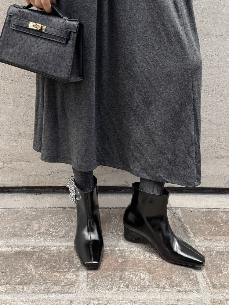 Karin Luna Elegant Style Square Toe Flower Design Height Increasing Short Boots with Two Front and Back Options